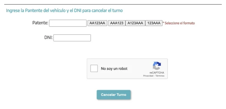 Pantalla para cancelar el turno de la VTV en Balcarce con patente y DNI