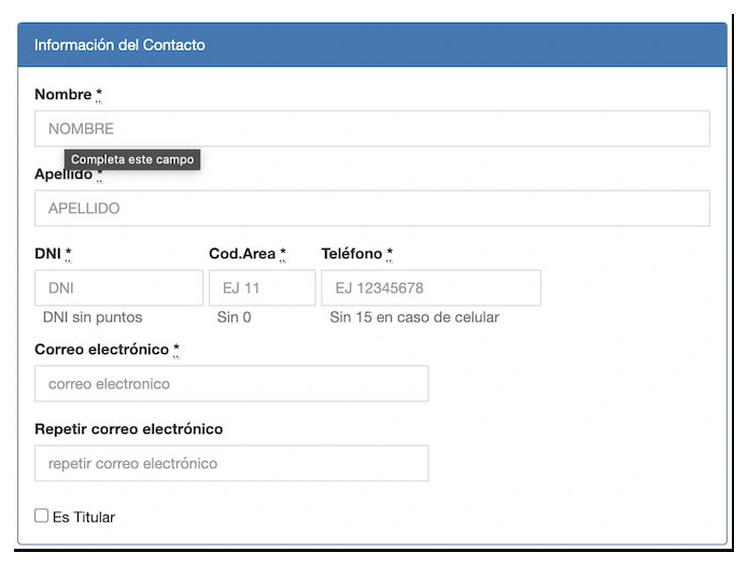 Paso 2 para sacar turno de la VTV en Balcarce: información del contacto